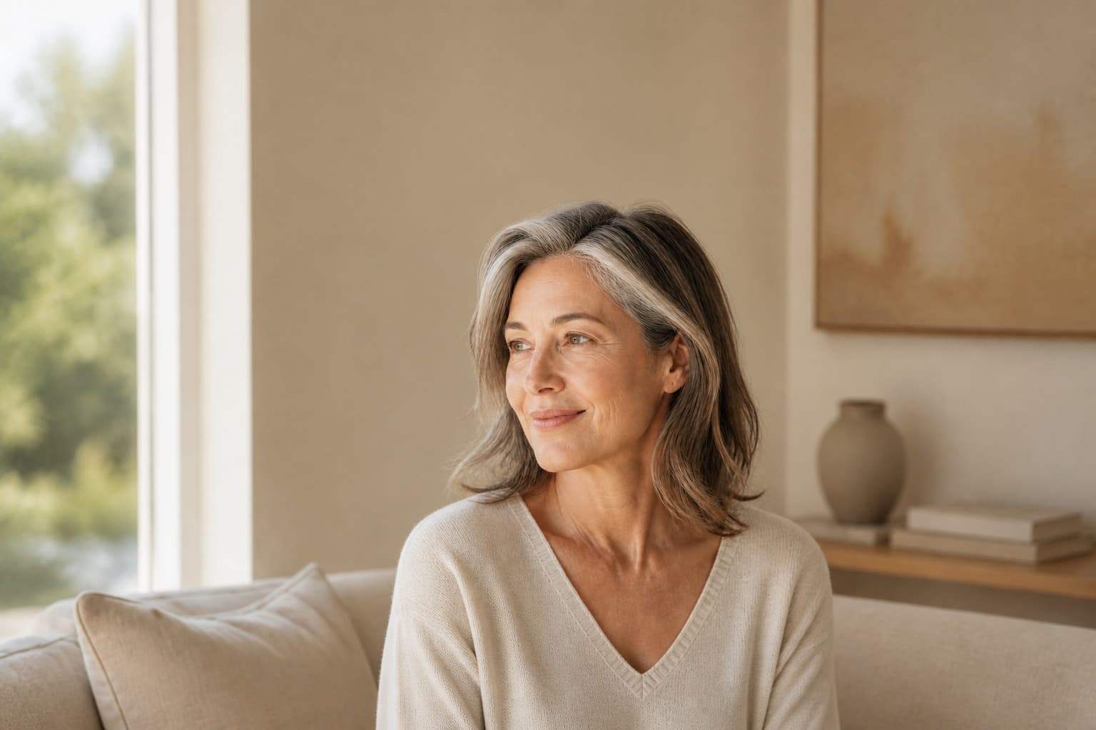 A midlife woman beside a softly lit window, her natural skin visible in warm morning light