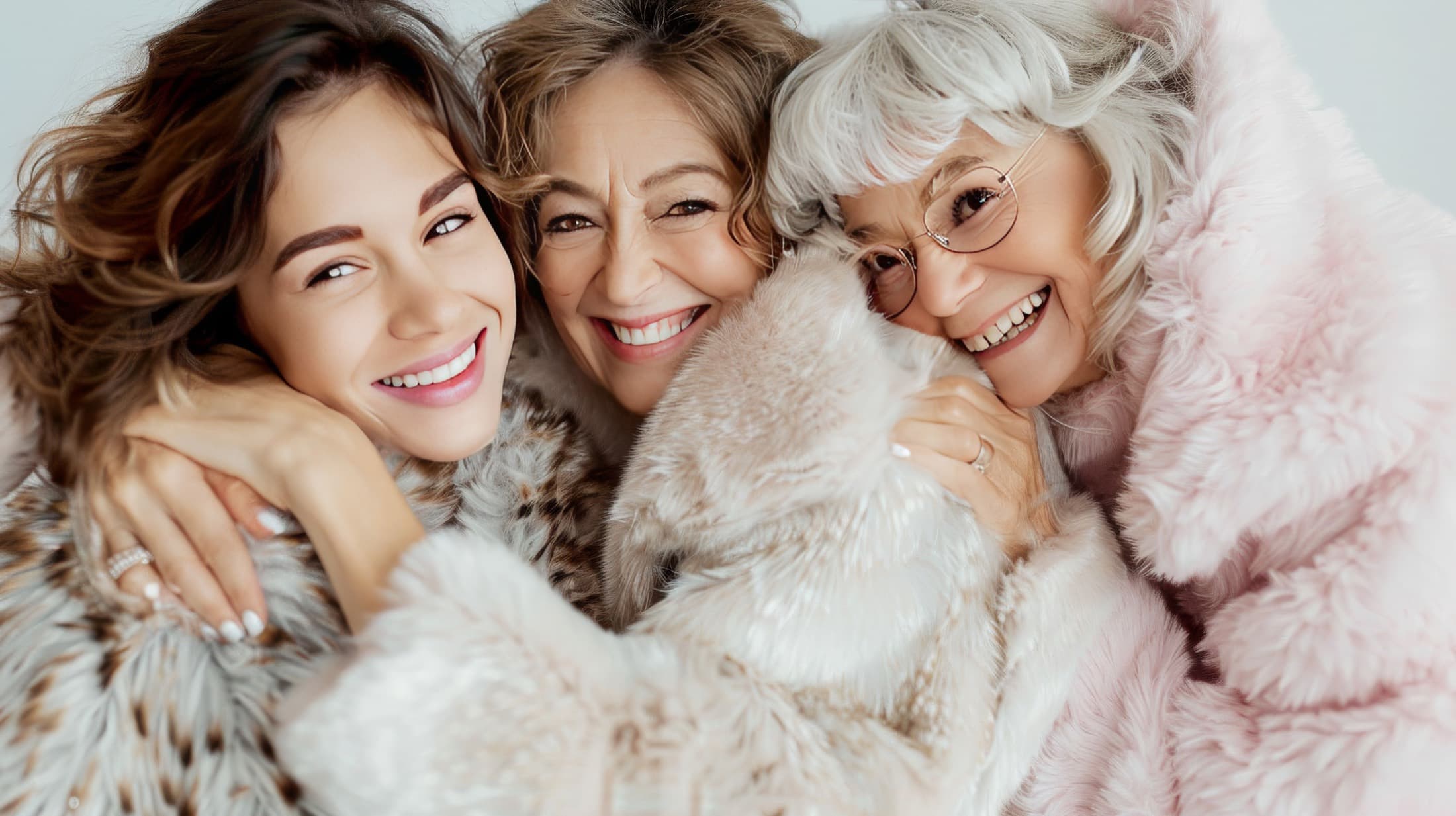 Three generations of women smiling and embracing one another
