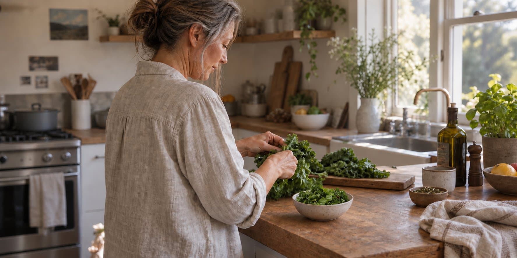A woman preparing kale beside a bowl of leafy greens in a sunlit kitchen