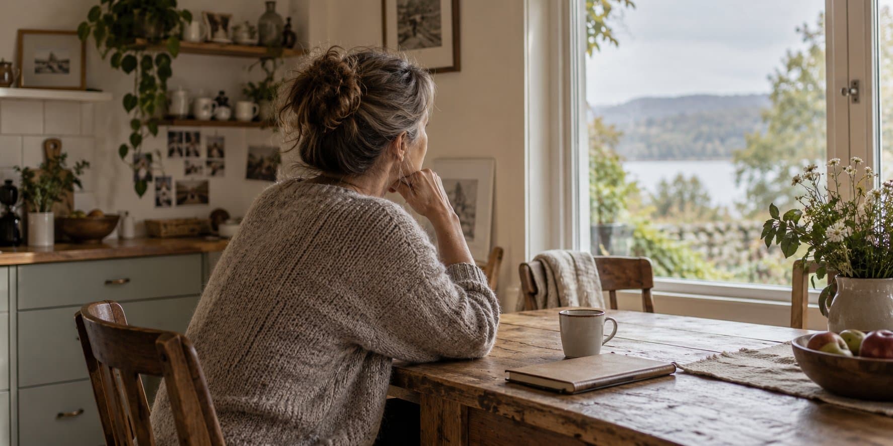 A woman pauses at a kitchen table with a notebook and mug, looking toward a window