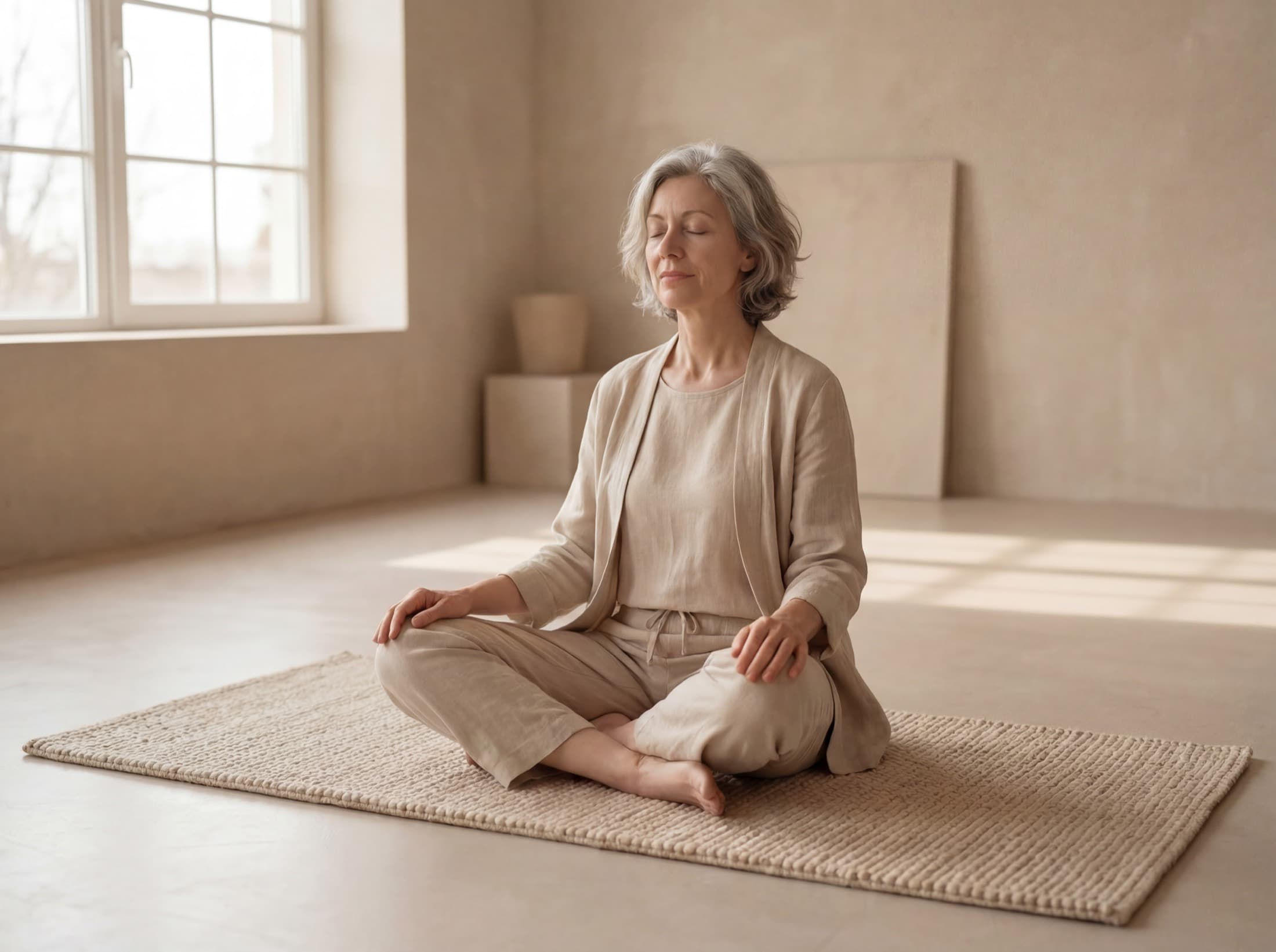 A woman sitting cross-legged in meditation in a calm, sunlit room