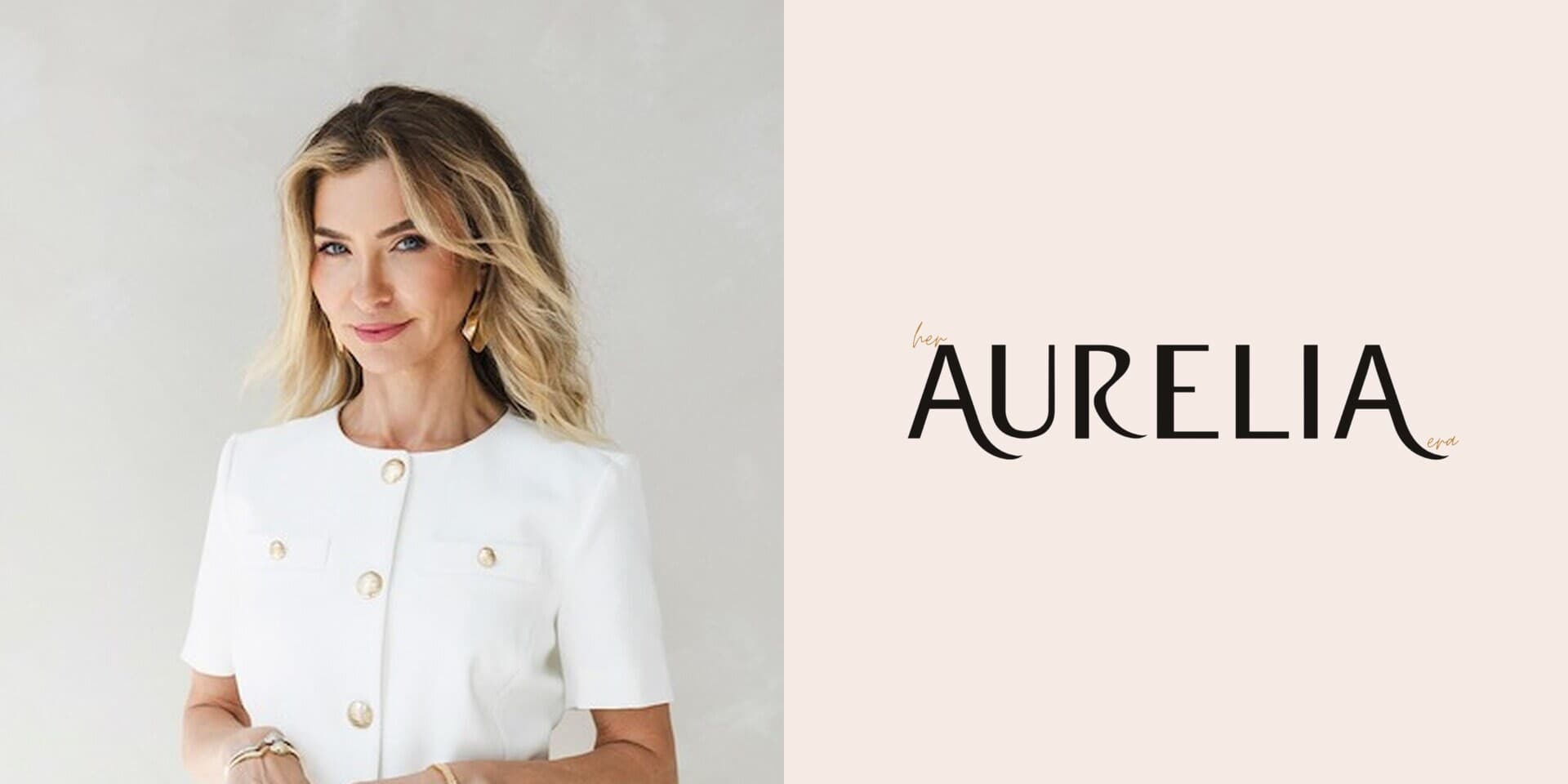 Tali Kogan in a white outfit beside the HER AURELIA ERA wordmark