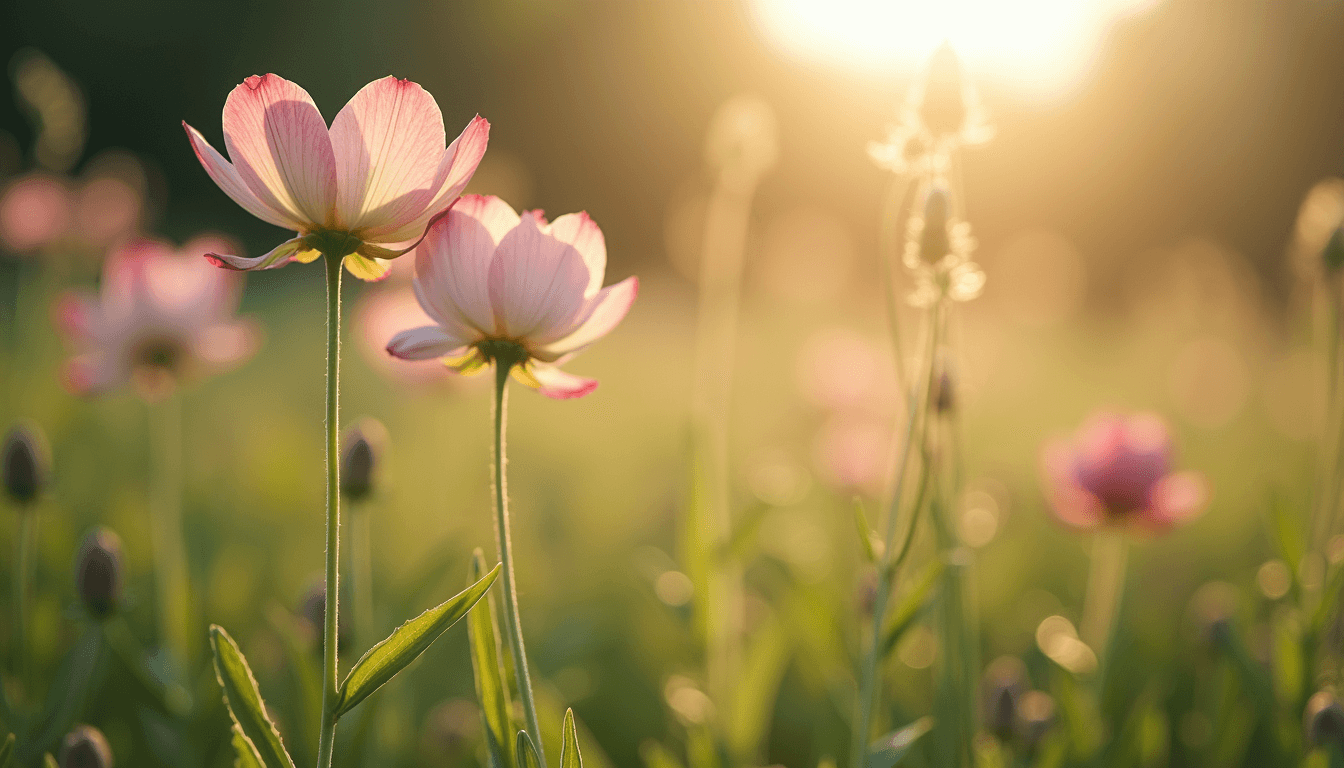 Delicate wildflowers blooming in warm evening light