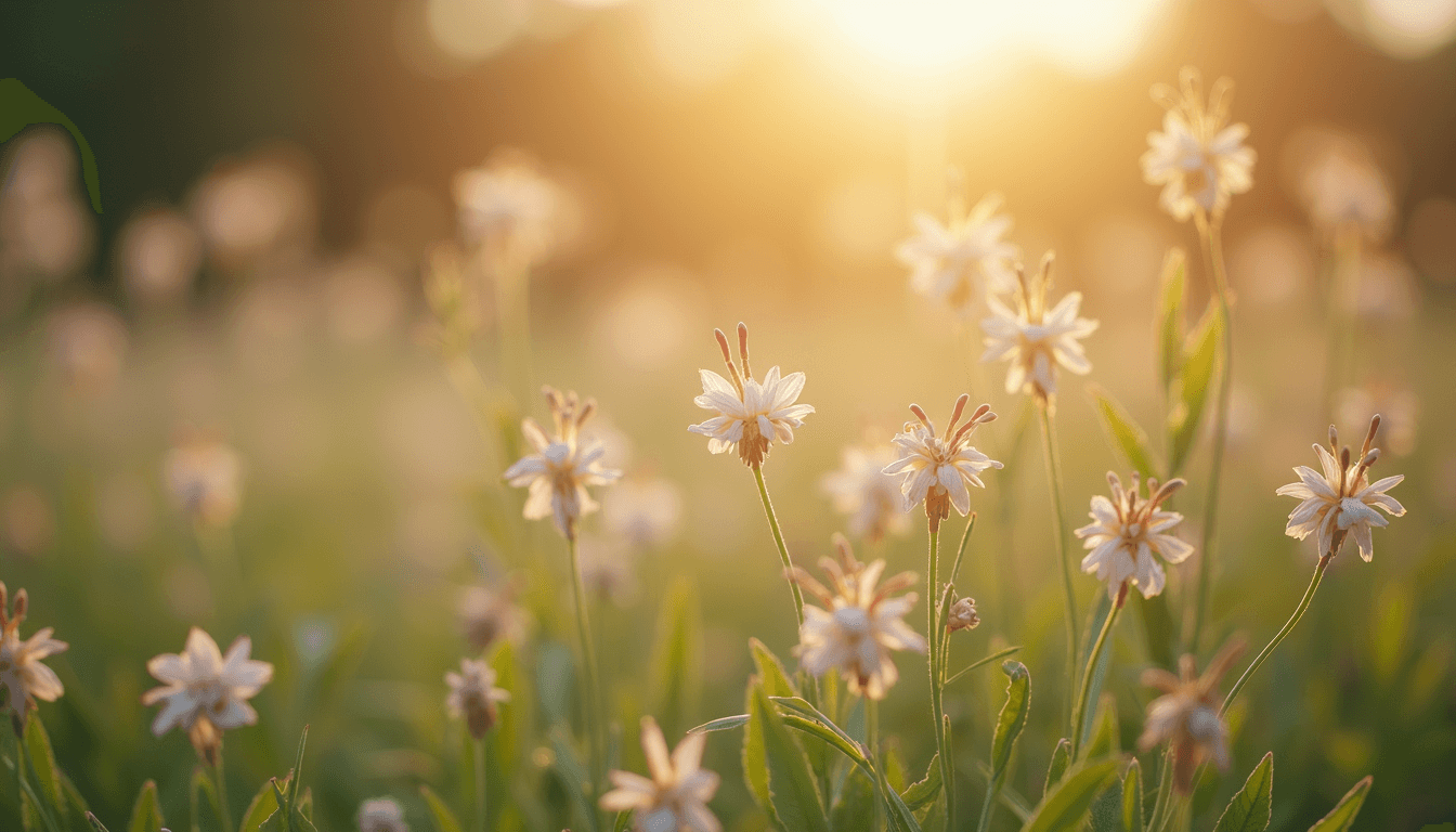 Delicate wildflowers blooming in warm evening light