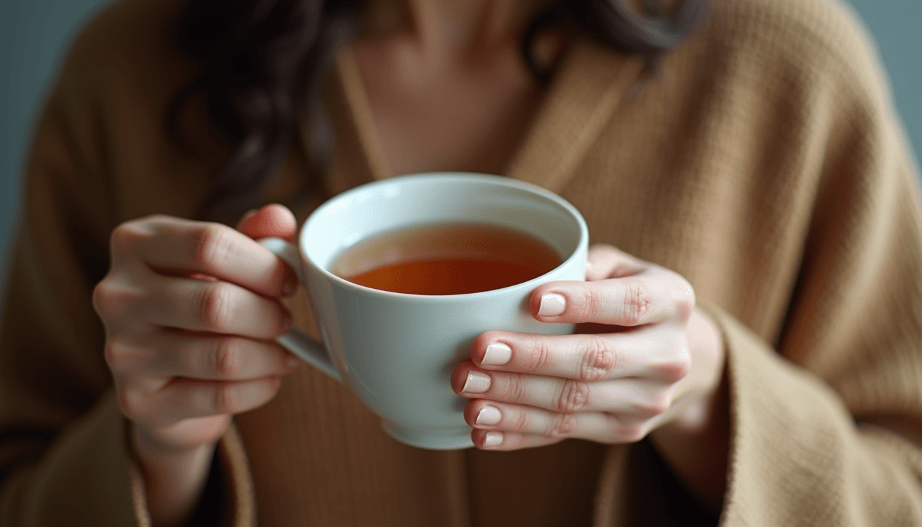 Woman holding a warm cup of tea in both hands